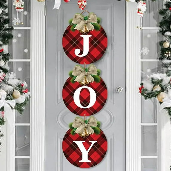3pcs, Christmas pendant, Buffalo Plaid Christmas Wreaths For Front Door - Rustic Christmas Decor JOY Signs For Holiday Xmas Garage Door Wall Decorations Indoor Outdoor Decor