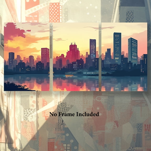 3pcs City Skyline at Sunset Canvas Wall Art - Frameless, Vibrant Urban Landscape Posters with Dramatic Sky & Calm Waters - Perfect for Home, Office, Bar, Classroom, or Dorm Decor - Ideal Holiday Gif