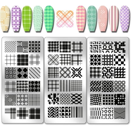 3pcs Classic Plaid Pattern Nail Stamp Plate Tartan Nails Art Stencils Stainless Steel Nail Image Plate Plaid Pattern Print Art Template for Women DIY Printing 4.7x2.3 inch