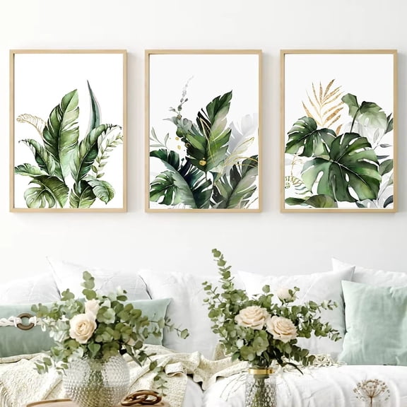 3pcs Classic Simple Wall Art Tropical Plants Green Leaves Gold Flowers Canvas Print Poster Home Living Room Bedroom Decoration Unframed