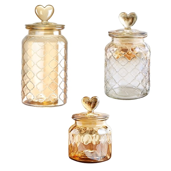 3pcs Clear Glass Storage Jars with Embossed Pattern Heart Lids Organizers