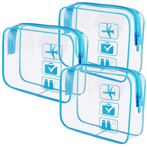 3pcs Clear Travel Toiletry Bags for Men Women, TSA Approved Transparent Makeup Pouch Cosmetic Organizer Set, Quart Sized Carry-On Luggage Bags with Zipper, Blue
