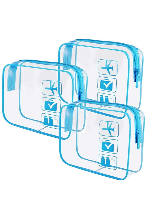 3pcs Clear Travel Toiletry Bags for Men Women, TSA Approved Transparent Makeup Pouch Cosmetic Organizer Set, Quart Sized Carry-On Luggage Bags with Zipper, Blue
