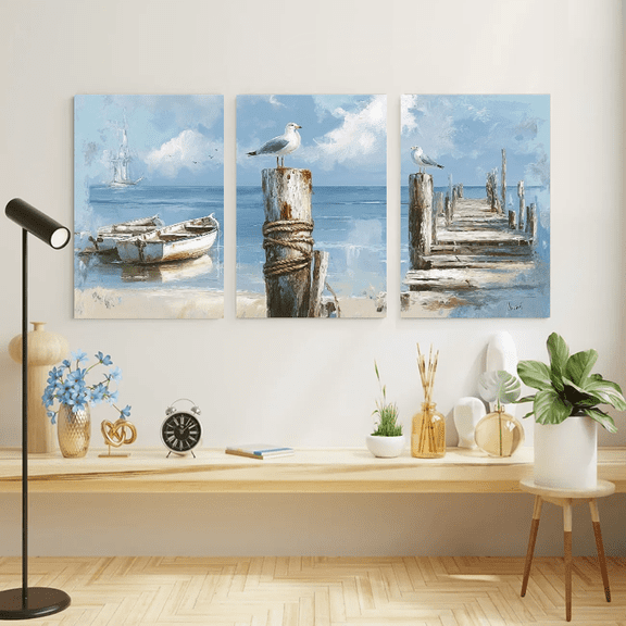3pcs Coastal Canvas Wall Art Set, Wooden Framed Ocean Scenes with Boat and Seagulls, Abstract Seascape Print, Rustic Nautical Bathroom Decor Artwork