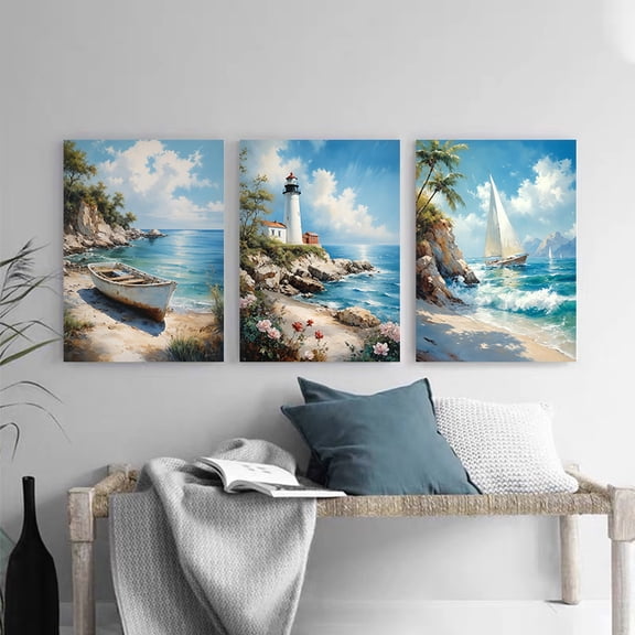 3pcs Coastal Charm Canvas Art Prints - Lighthouse, Old Boat & Sailboat Wall Decor for Living Room, Bedroom, Home Office - Frameless Ink Painting Posters, Beach Theme Decor