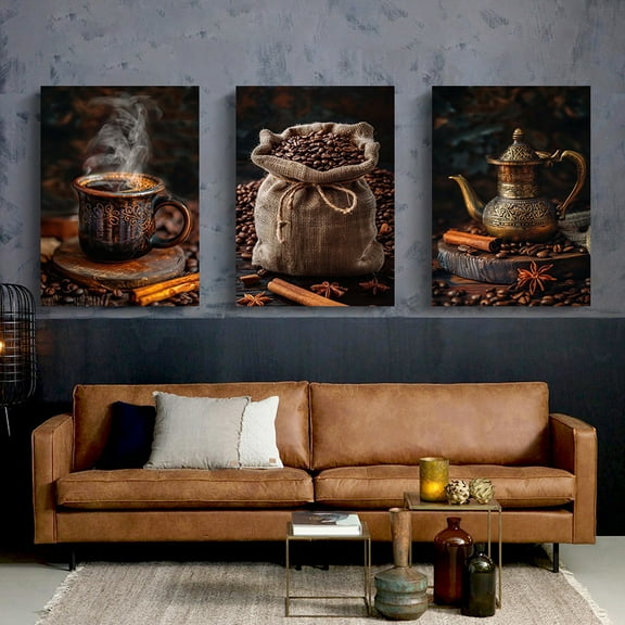 3pcs Coffee Bar Kitchen or Dining Room Decor Coffee Beans in Sockcloth Coffee Maker Canvas Painting Poster Wall Art Room Home Living Room Wall Decor Art Gift Frameless