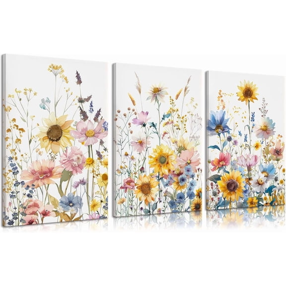 3pcs Colorfully Sunflowers Canvas Wall Art Watercolor Wildflowers Poster Prints Botanical Flowers Wall Decor Pictures for Living Room Bedroom Girl Room Paintings Artwork Decoration Unframed
