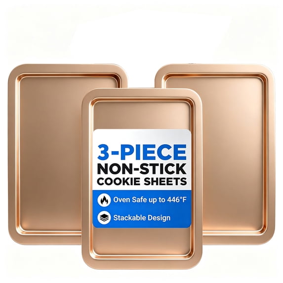 3pcs Commercial Quality Baking Sheet Pan Set, Carbon Steel Cookie Sheet, Warp Resistant Baker's Half Sheet Pan, Cookie Tray Pans for Baking, Roasting Dishwasher Safe gold