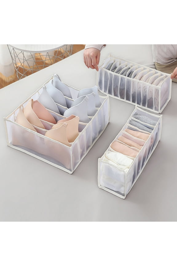 3pcs Compartmentalized Underwear Storage Box, Foldable Mesh Organizer Set, Socks Bra Underpants Drawer Divider, 6+7+11 Grid Multi-case, Beige Closet Organizer for Bedroom Tidying, White