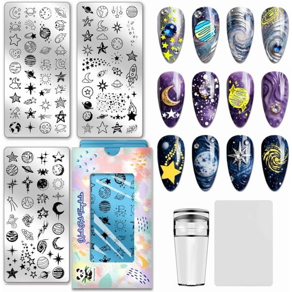 3pcs Cosmic Planet Nail Stamp Plates Universe Nails Art Templates Star Moon Sun Manicure Art Stencils Rocket Nail Image Plate