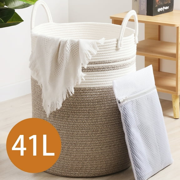 3pcs Cotton Rope Blanket Basket, 1pc 41L Round Lundry Hamper and 2pcs Mesh Lundry Bag, Storage Basket with handle for Living Room, Laundry Basket for Pillows Toys Clothes.(16*14)