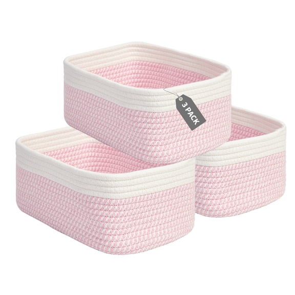 3pcs Cotton Rope Storage Basket 3 Pack, Woven Fabric Organizer Bins for Shelves, Closet, Bathroom, Bedroom, Nursery, Pink/Brown, 11.8 x 7.5 x 4.7 in, Pink