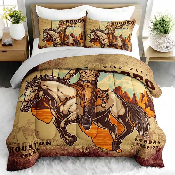 3pcs Cowboy Rodeo Comforter Set, Wild West Bedding Set for Bedroom or Guest Room Decor, All Seasons Quilt Machine Washable Duvet with 2 Pillowcases