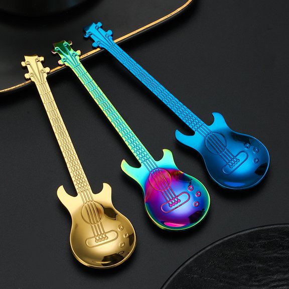 3pcs Creative Guitar Shaped Stainless Steel Mixing Spoons Ergonomic Frosted Handle Coffee Teaspoons for Stirring Tea