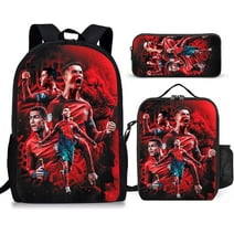 3pcs Cristiano Ronaldo Backpack with Lunch Bag Football Star Backpack Set Lightwight Bookbag Set 3-in-1 Bag for Boy Girl Teen