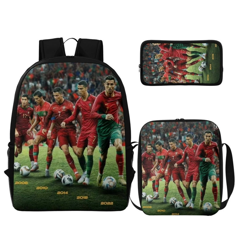 3pcs Cristiano Ronaldo CR7 Football Star Legend World Cup Shoulder Bag Diagonal Lunch Bag Pencil Case Set Bag for Ultimate Ronaldo Fans