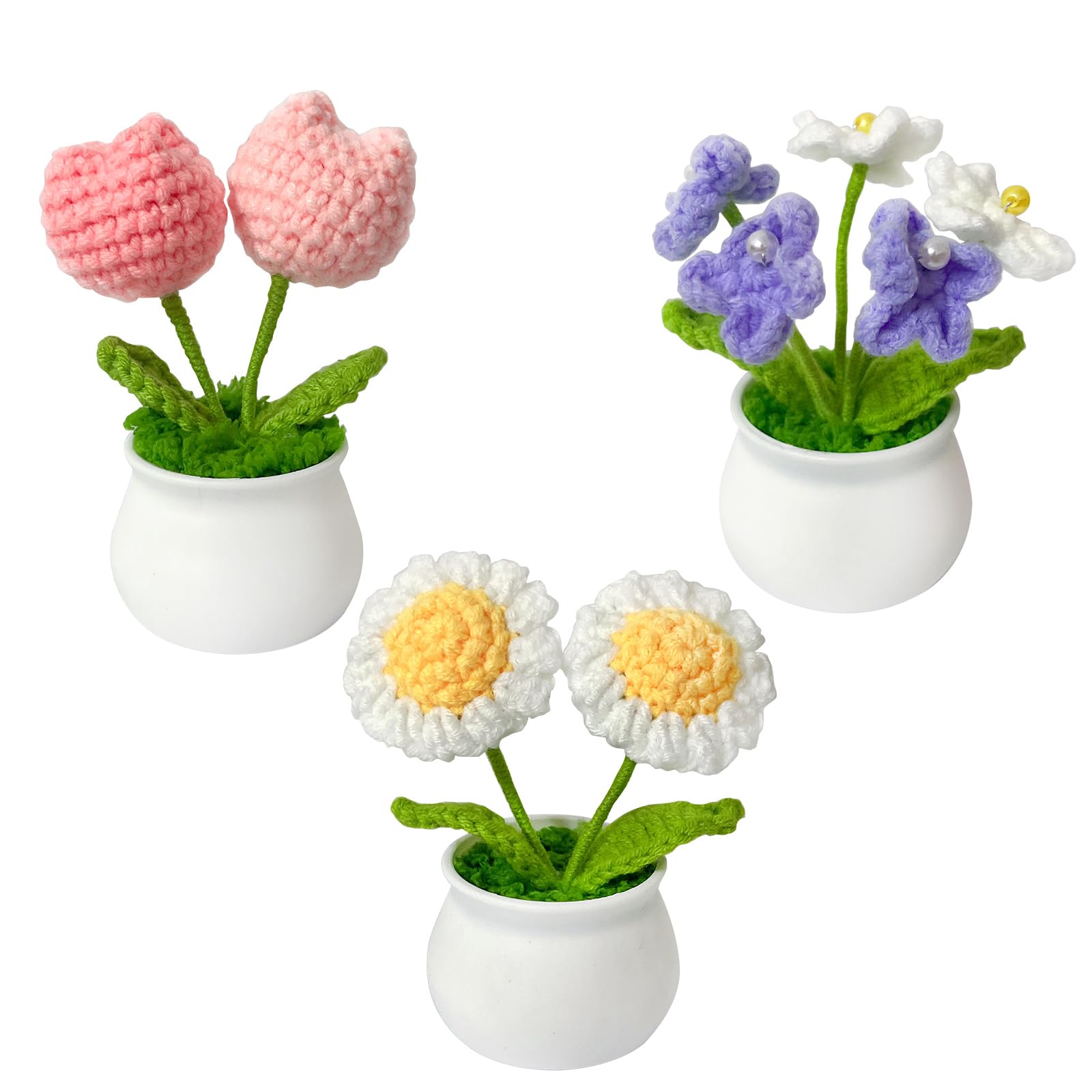 3pcs Crochet Flower Pot, Daisy Tulips and Me Not Small Potted