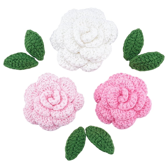 3pcs Crochet Flowers Applique White Pink Floral Handicraft Cotton Knitting with 6pcs Leaves Patches 3D Sew On Crochet Knitted Embellishments