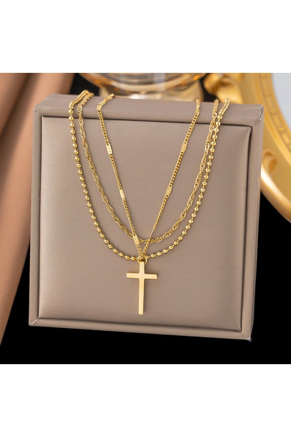 3pcs Cross 304 Stainless Steel Necklaces for Women Three Layer Chain Necklaces Golden 15.98 inch(40.6cm)