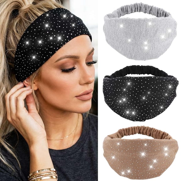 3pcs Crystal Wide Headbands, Rhinestone Head Bands Turban Headband, Elastic African Head Wraps Sport Hair Bands for Women