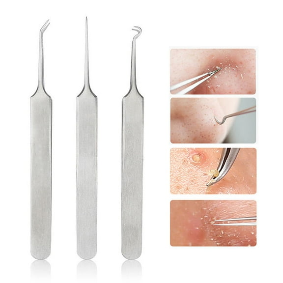 3pcs Curved Blackhead Comedone Clip Needle Tweezers Pimple Extractor Remover