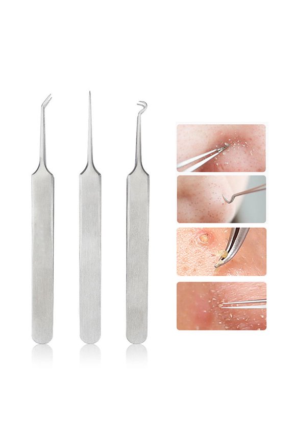 3pcs Curved Blackhead Comedone Clip Needle Tweezers Pimple Extractor Remover