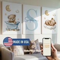 3pcs Custom Children Name Blue GoodNight Bear Decorative Painting, Canvas 8x12inch Unframe, Waterproof Wall Art for Home Decor-Made in USA