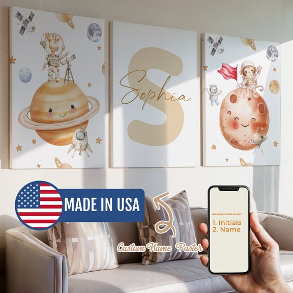 3pcs Custom Children Name Brown Space Monkey Decorative Painting, Canvas 12x16inch Unframe, Waterproof Wall Art for Home Decor-Made in USA