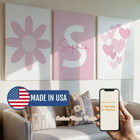 3pcs Custom Children Name Pink Chrysanthemum Gift Decorative Painting, Canvas 16x24inch Unframe, Waterproof Wall Art for Home Decor-Made in USA