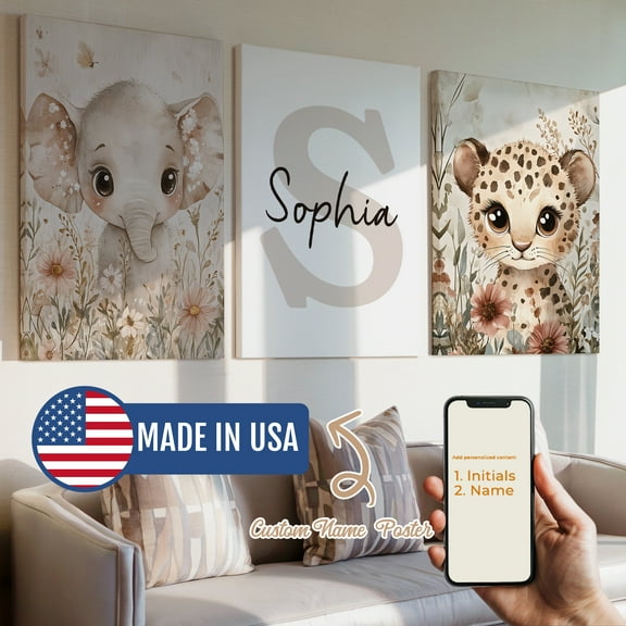 3pcs Custom Kids Name Baby Elephant Leopard Space Gift Decorative Painting, Canvas 8x12inch Unframe, Waterproof Wall Art for Home Decor-Made in USA