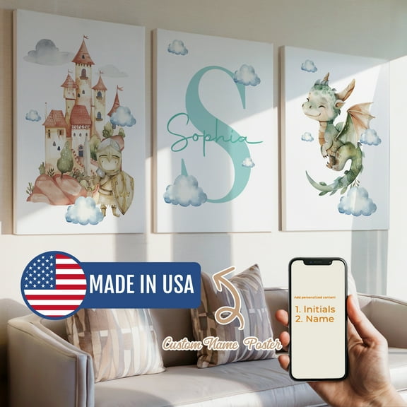 3pcs Custom Kids Name Dragon Story Boys Castle Gift Decorative Painting, Canvas 20x30inch Inner Framed, Waterproof Wall Art for Home Decor-Made in USA