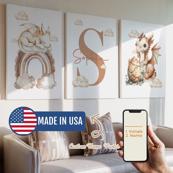 3pcs Custom Kids Name Dragon Story Gift Rainbow Decorative Painting, Canvas 24x36inch Inner Framed, Waterproof Wall Art for Home Decor-Made in USA