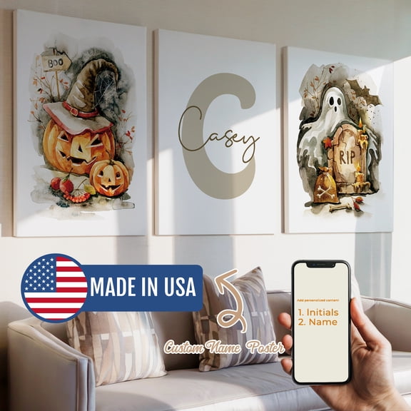 3pcs Custom Name Halloween Funny Pumpkin Black Magic Hat Gift Decorative Painting, Canvas 16x24inch Unframe, Waterproof Wall Art for Home Decor-Made in USA