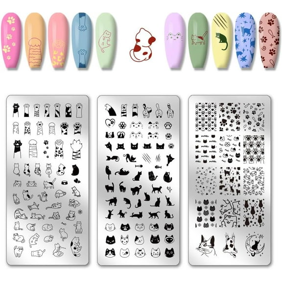 3pcs Cute Cat Nail Stamping Plates Cats Claws Nail Art Stencils Paw Pattern Nails Image Plates Fishbone Manicure Art Templates Lovely Cat Nails Stamper Plate for Women Manicures Salon