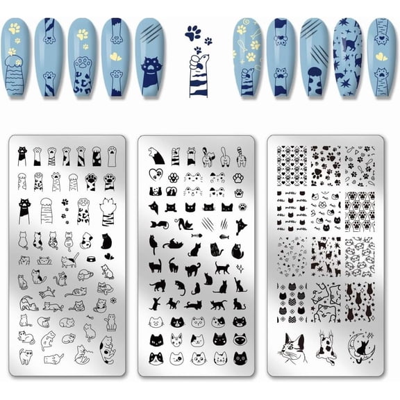 3pcs Cute Cat Nail Stamping Plates Cats Claws Nail Art Stencils Paw Pattern Nails Image Plates Fishbone Manicure Art Templates Lovely Cat Nails Stamper Plate