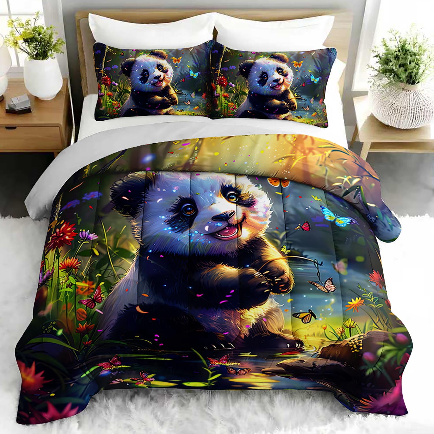 3pcs Cute Panda Comforter Set, Whimsical Bedding Set for Bedroom or ...