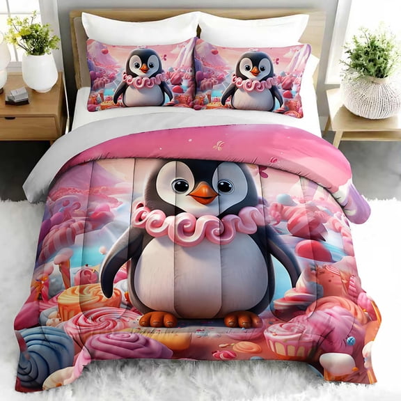 3pcs Cute Penguin Comforter Set, Sweet Candy Land Bedding Set for Bedroom or Guest Room Decor, All Seasons Quilt Machine Washable Duvet with 2 Pillowcases