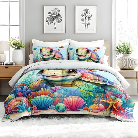 3pcs Cute Sea Turtle Comforter Set, Ocean Bedding Set for Bedroom or Guest Room Decor, All Seasons Quilt Machine Washable Duvet with 2 Pillowcases