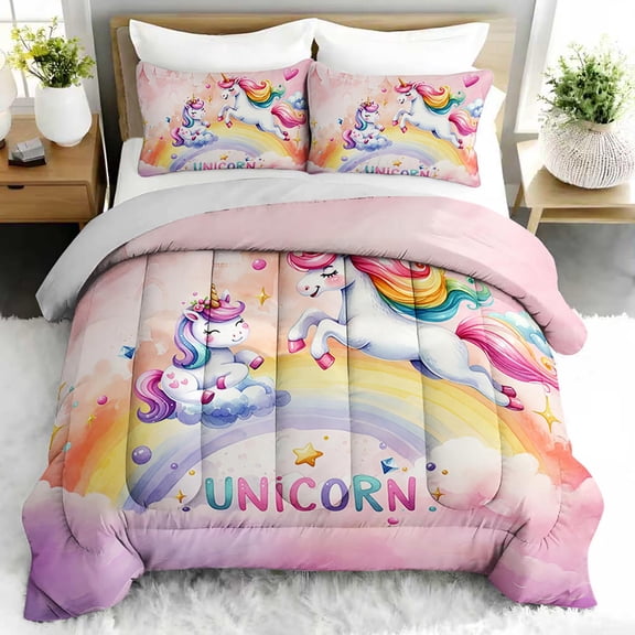 3pcs Cute Unicorn Rainbow Comforter Set, Magical Bedding Set for Bedroom or Guest Room Decor, All Seasons Quilt Machine Washable Duvet with 2 Pillowcases