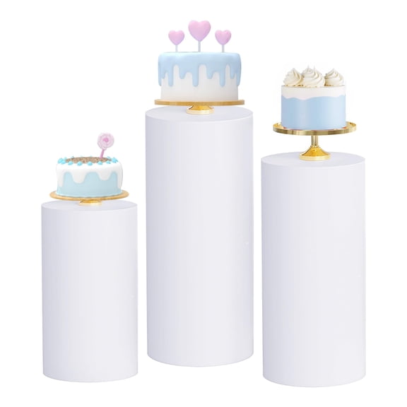 3pcs Cylinder Pedestal Covers For Birthday Party Decor, White | Stands NOT Included, 24"/30"/35"H, Spandex Cake Stand Cover, Vintage Fitted Round Elastic Cloth, For Wedding Reception Decor