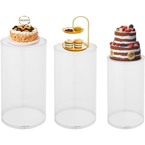 3pcs Cylinder Pedestal Stands,Different Sizes Clear Round Cylinder Stands Display Plinth Pillars for Weddings,Birthday Parties,Holiday Parties,Photo ShootsClear