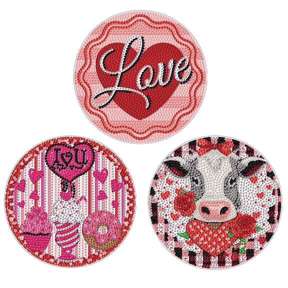 3pcs DIY Diamond Painting Kit Placemats Heart-Shaped Cow-Print Round Non-Slip Placemats Modern Dining Table Kitchen Decor Craft Supplies
