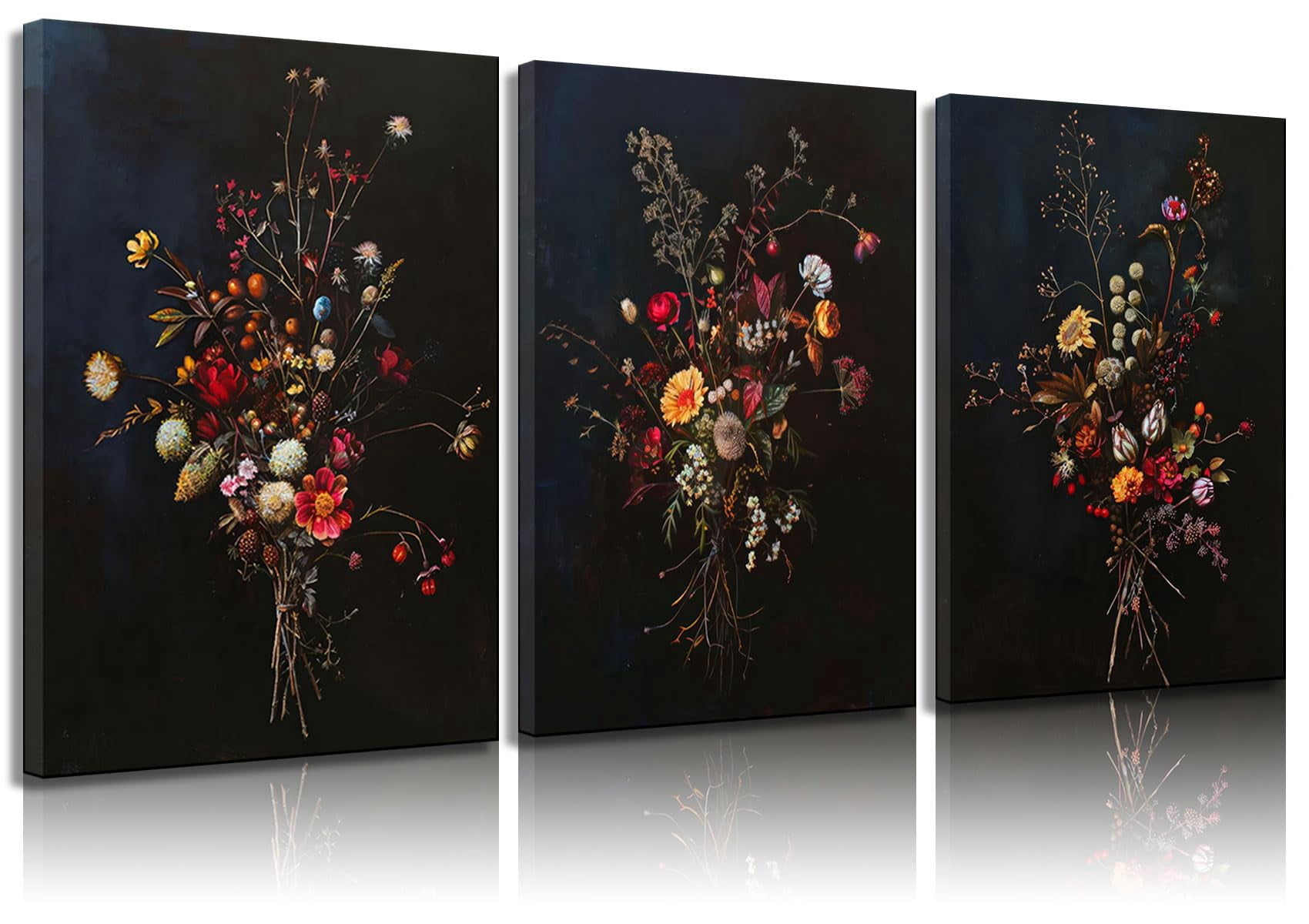 3pcs Dark Moody Wildflowers Canvas Wall Art Vintage Flower Wall Decor ...