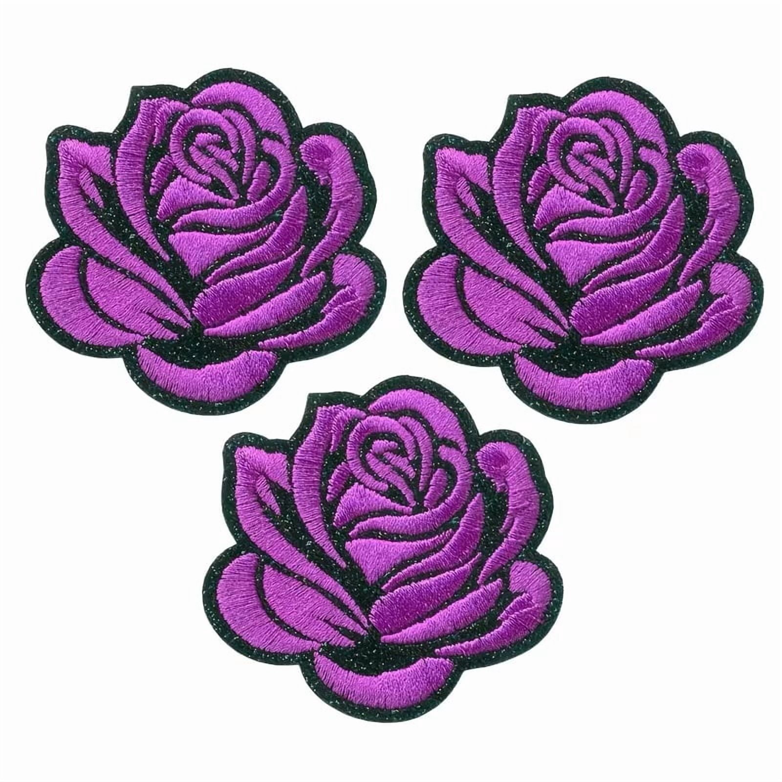 3pcs Dark Rose Embroidery Patch Stickers - DIY Iron-On or Sew-On Decorative Patches with Shiny Black Edge