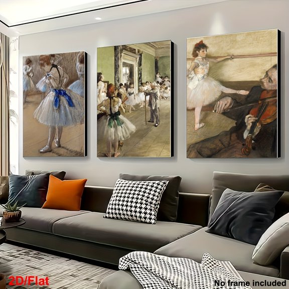 3pcs Decorative Canvas Art, 2D Frameless Canvas Prints, Edgar Degas Ballet Three-Piece Set - 3 Classic Paintings - Photo Poster Wall Art Gift, Giclée Museum Quality - Dance Class Dancers
