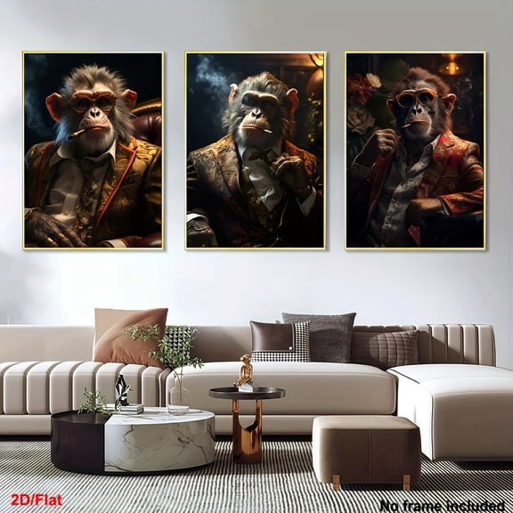 3pcs Decorative Canvas Art, 2D Frameless Wall Art in Various Sizes, Set of 3 Modern and Fun Monkey-Themed Retro-Style Paintings for Living Room or Bedroom, Perfect Holiday Gift, Frameless Home Décor