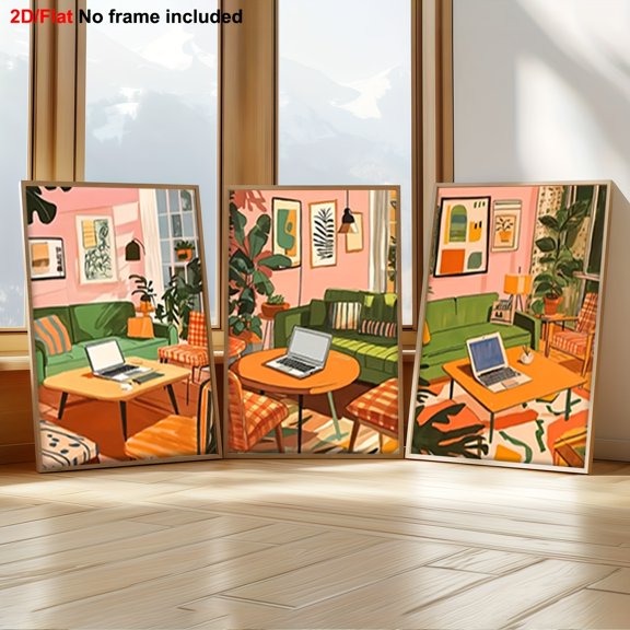 3pcs Decorative Canvas Art Set, Frameless 2D Flat Canvas Paintings - Sofa and Laptop in Living Room, Artist Painting Collection for Home, Office, Library, School, Cafe, Abstract Art, Perfect Birthda