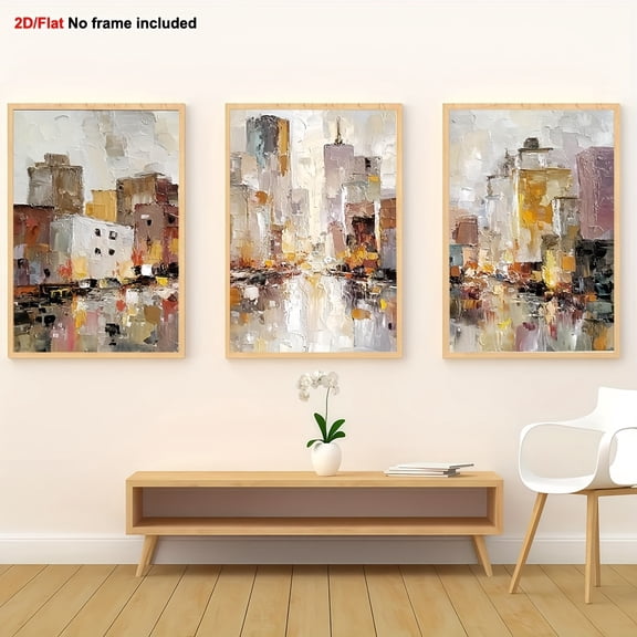 3pcs, Decorative Painting, 2D Flat Frameless Canvas Artwork Cityscape Triptych Oil Paintings Modern Abstract Skyline Wall Texture Landscape Bohemian Contemporary Art for Home Living Room Bedroom, 2D