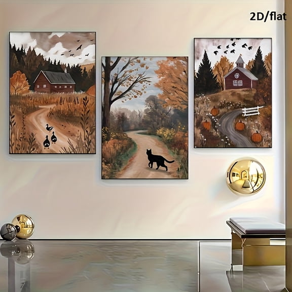 3pcs Decorative Painting Set, 2D Flat Frameless Canvas Art, Halloween and Christmas Gift, Pumpkin Field Farmhouse and Red Barn Wall Art, Country Autumn Scene Bedroom, Office, Living Room, Cafe, Bar,