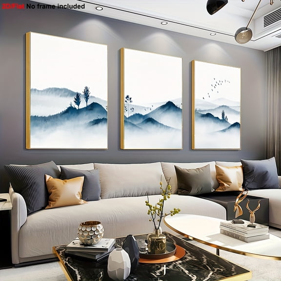3pcs Decorative Painting Set, 2D Unframed Canvas Art, Minimalist Gable Wall Art, Blue Mountain Canvas Artwork, Triptych Eastern Ink Painting, Nature-Themed Artwork, Suitable for Home Or Office Wall
